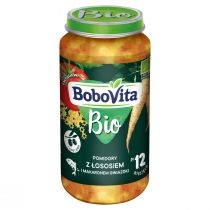 Produkt oferowany przez sklep:  BoboVita Pomidory z łososiem i makaronem gwiazdki po 12. miesiącu 250 g Bio