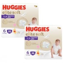 Produkt oferowany przez sklep:  Huggies Pieluchomajtki Mega Pants 6 (15-25 kg) Elite Soft Zestaw 2 x 32 szt.